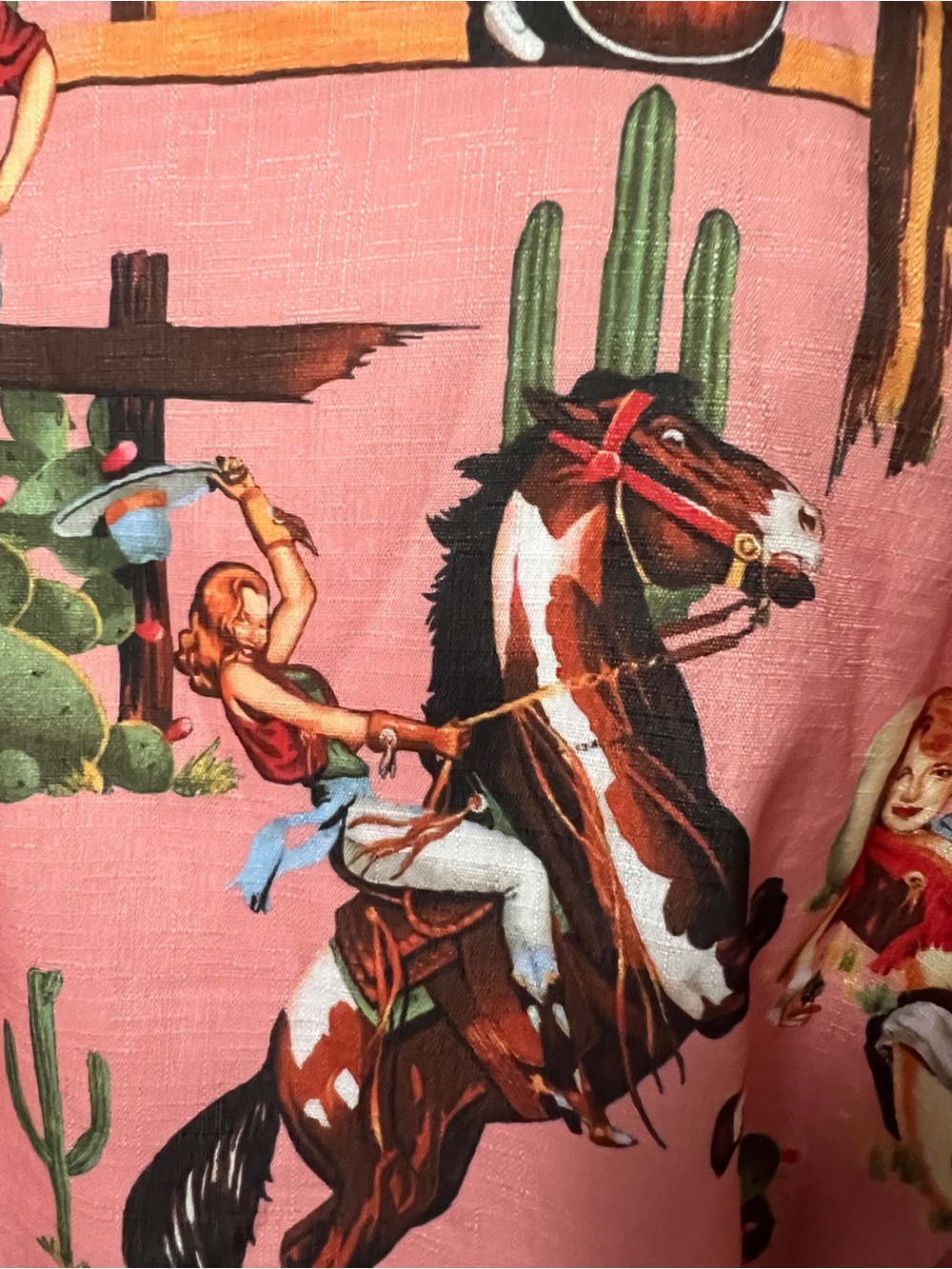 Women’s Pink Western Print Button-Down Shirt - Rodeo Motif - Picture 2 of 5